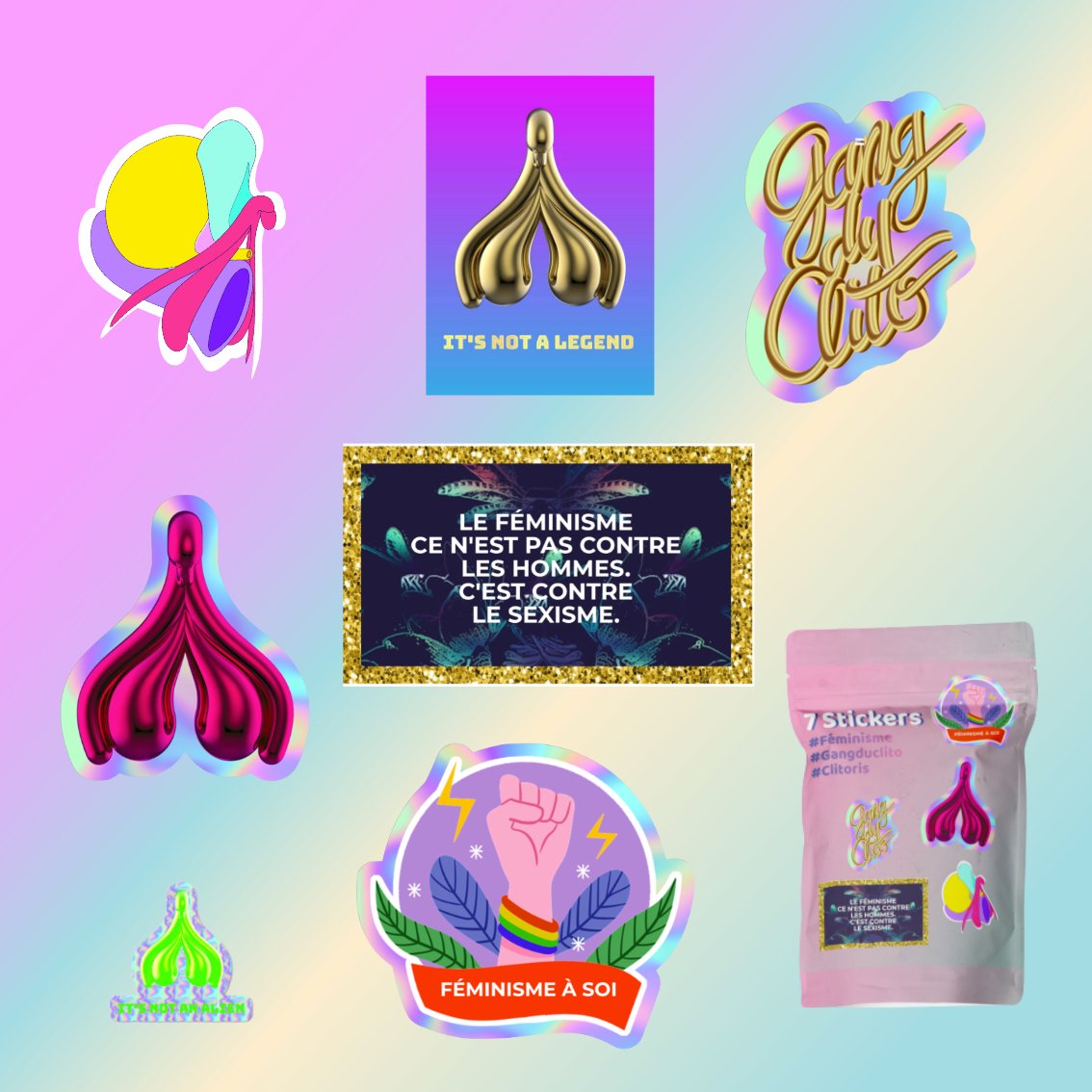 Sachet de 7 stickers du Gangduclito ⚡️ Féminisme & clitoris - Gang du Clito