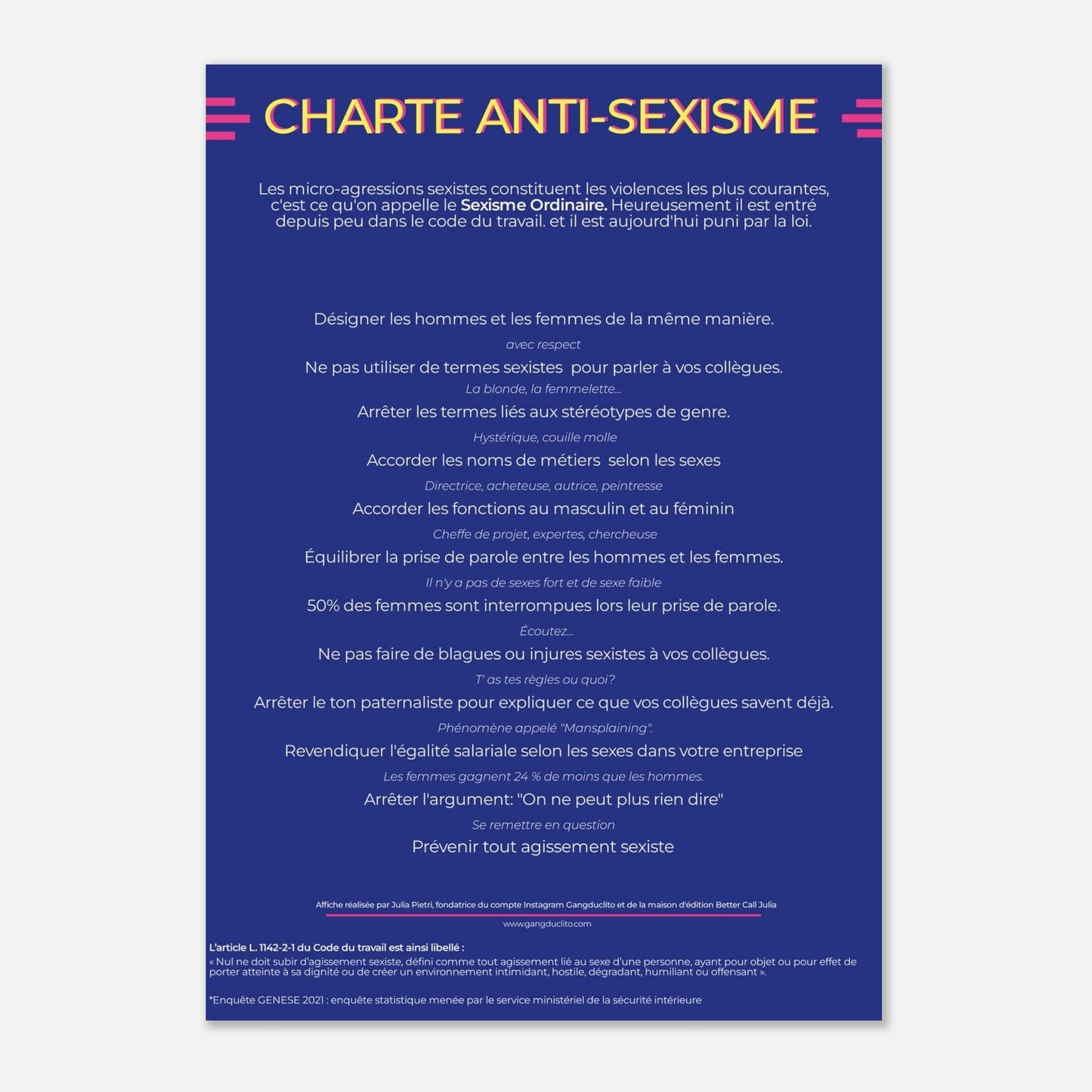 Charte anti - sexisme en poster papier premium - Gang du Clito