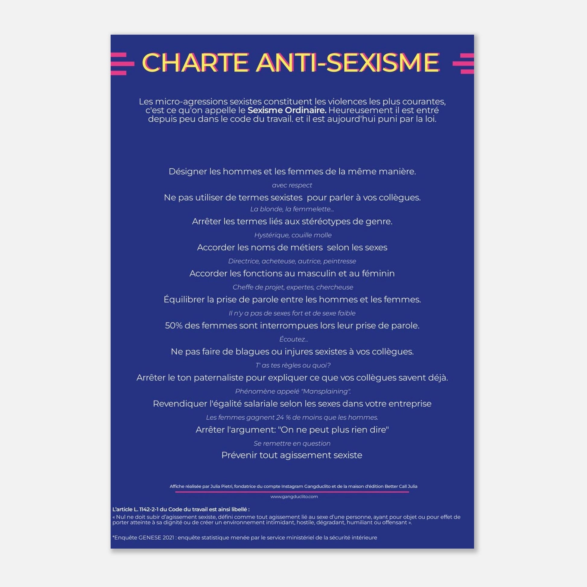 Charte anti - sexisme en poster papier premium - Gang du Clito